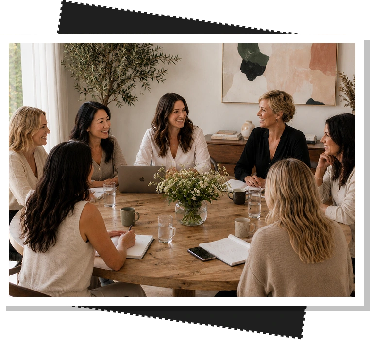 Established women business owners collaborating around a table in the HerBusiness Boardroom mastermind program